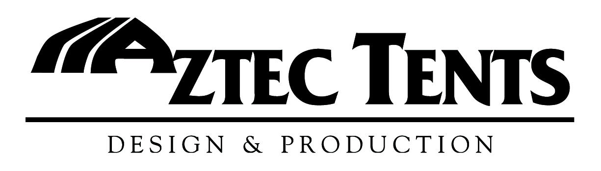 Black text on a white background featuring "Aztec Tents" in a bold, stylized font, with "Design & Production" below in a smaller size.